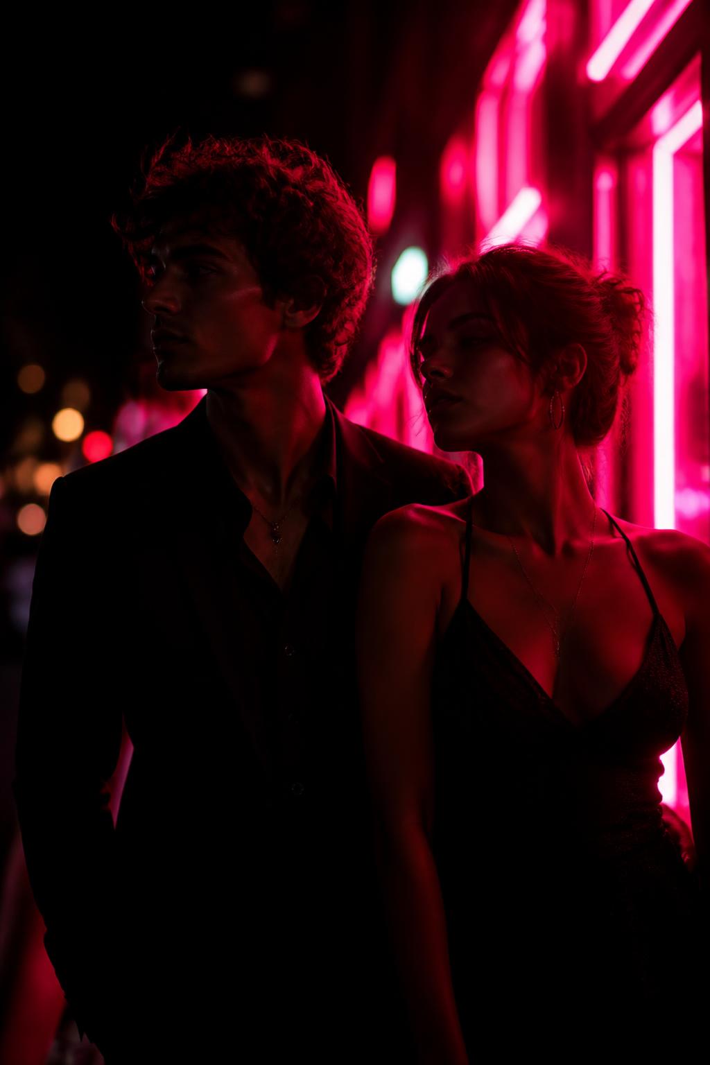 Two people together under magenta neon light at night
